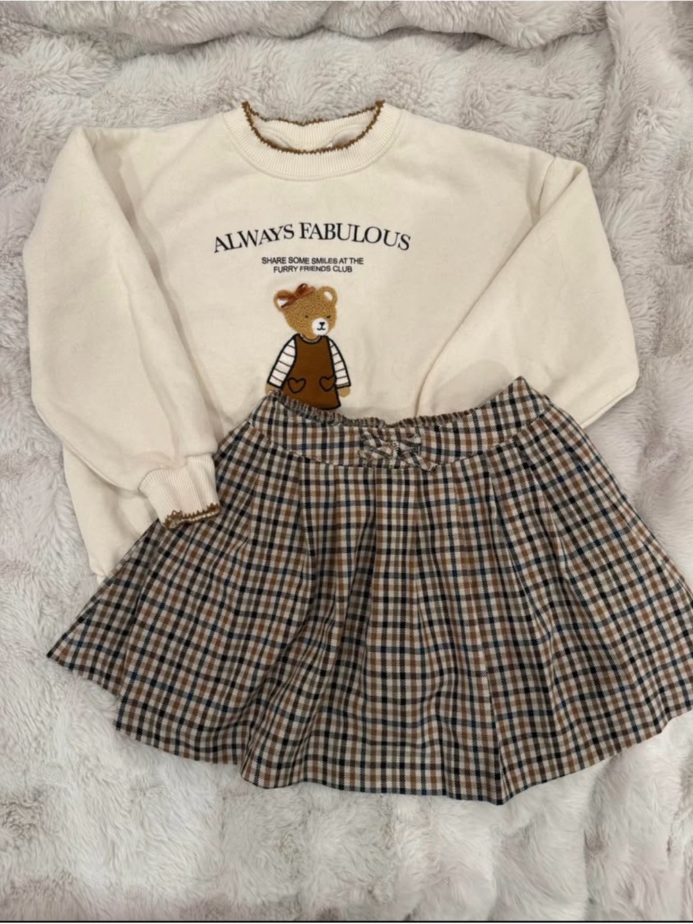 Zara Cream Sweatshirt & Brown Plaid Skirt Kids Matching Set